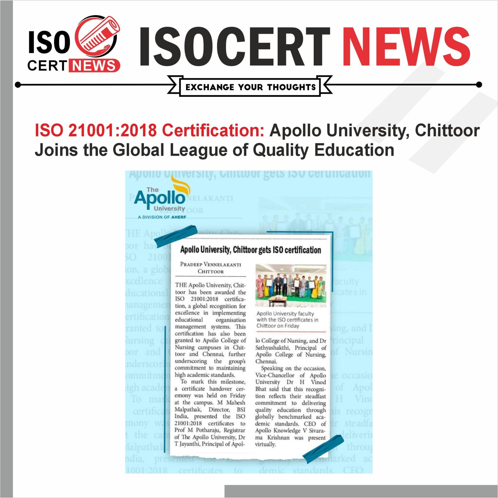 Apollo University in Chittoor receives ISO 21001 certification