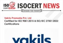 VAKILS PREMEDIA PVT. LTD. received ISO 9001:2015 and ISO/IEC 27001:2022 Certifications